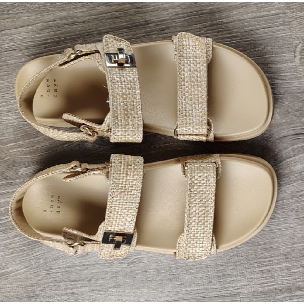 A New Day 9 Platform‎ Tan Straw Strappy Sandal Woven Raffia Look V3lcro Straps - Picture 3 of 8